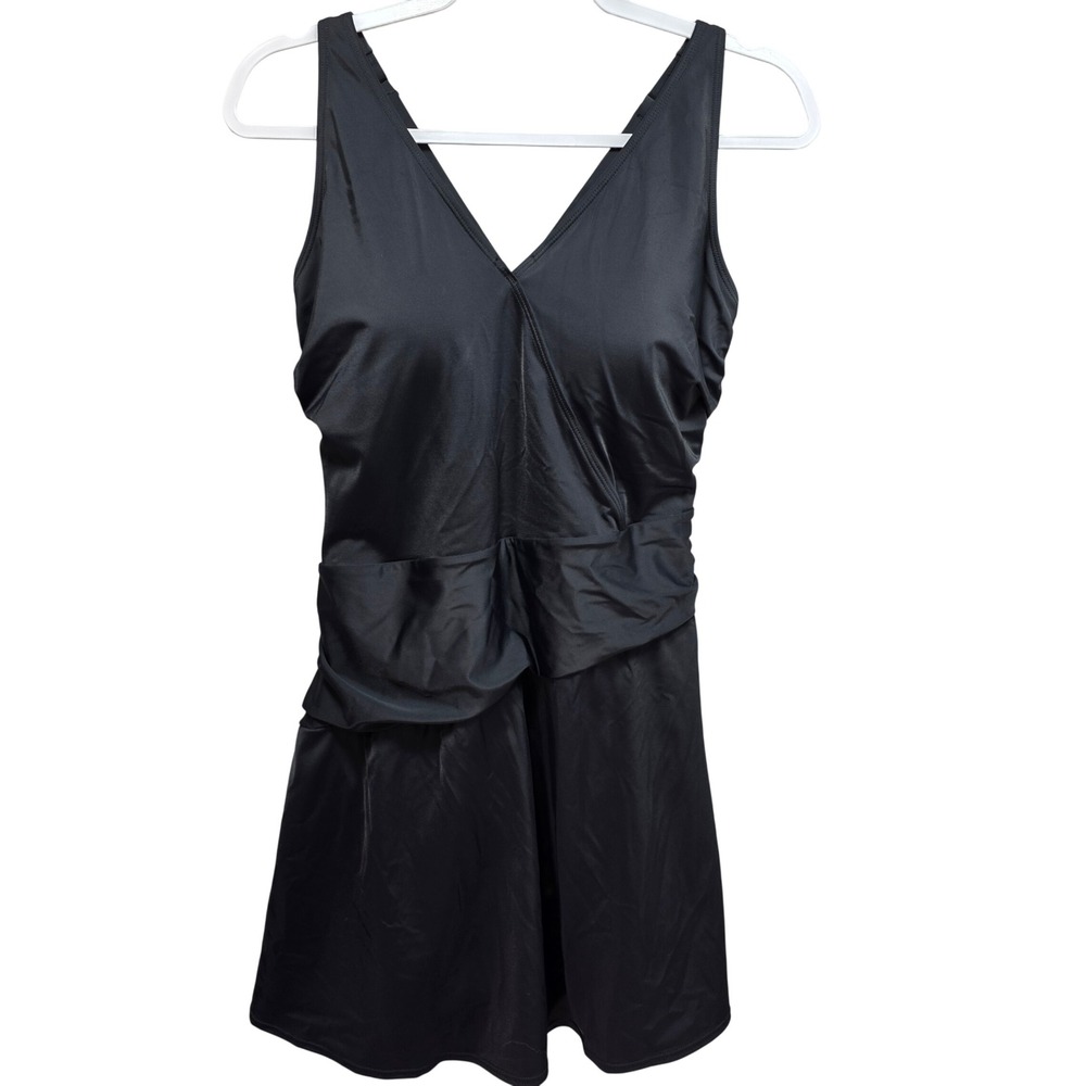d&co Beach Womens Surplice Vneck Swim Dress‎ One Piece Sz 16 Black Slimming Pads